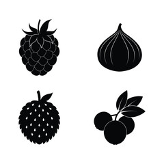 Fruits and Berries Glyph Icons Set Monochrome Silhouette of  blackberry, garlic, soursop, jaboticaba, Vector Illustration