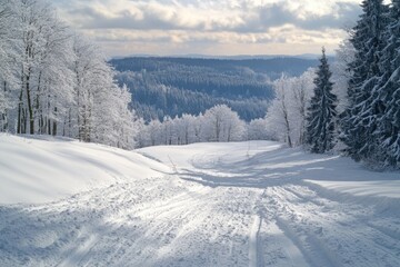 Obraz premium The photo shows a snowy path in a forested area, with a clearing in the distance where more trees are visible. The ground is covered in white, untouched snow.