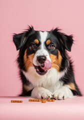 Funny and hungry Australian shepherd puppy dog ​​eating and licking its lips with tongue. Isolated on pink pastel background