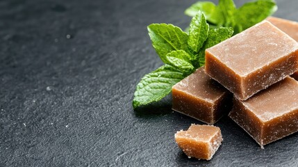 Brown caramel candies with mint leaves on dark slate