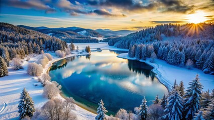 Obraz premium Aerial View of Snowy Winter Landscape, Drone Photography, Serene Mountain Scenery, Cold Weather, Frozen Lake