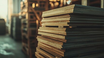 Fototapeta premium Stack of Plywood Sheets in a Warehouse