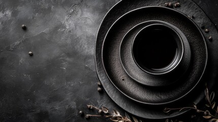 Black ceramic dishware on a textured gray surface