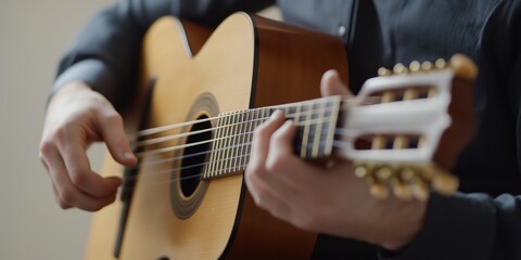 Obraz premium A close-up view of skilled hands strumming a guitar, capturing the passion and art of music creation.