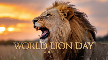 A roaring lion against a golden sunset sky. The lion's mane is orange, and his eyes are piercing. The inscription is "World Lion Day" and the date is "August 10th". The background is blurred.