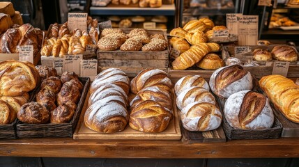Freshly baked pastries displayed at a bakery counter