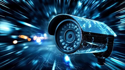 A security camera with a dynamic, high-tech background, conveying a sense of surveillance and motion.