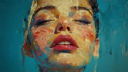 Emotional Portrait of Young Woman with Abstract Brushstroke Art Style Against Vibrant Blue Background for Creative Projects and Visual Inspirations