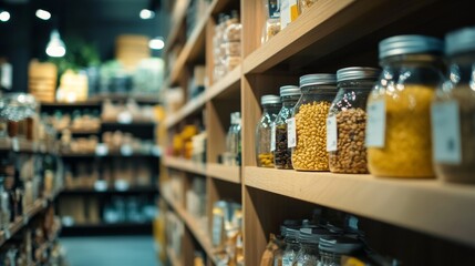 Grocery store aisle with neatly arranged jars