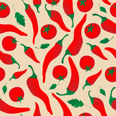Seamless pattern with red chili pepper and tomato on beige background. Design for fabric, kitchen decor, wallpaper packaging paper.