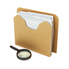 Isolated Tan Folder with Papers and Round Magnifying Glass