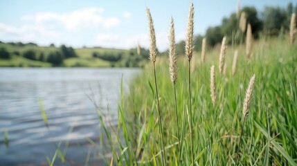 Fototapeta premium Wild grass grows on the green bank of a calm river under a blue sky on a sunny summer day.