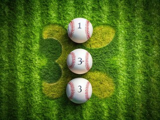 Aerial View: Three Baseball Balls & White Number 3, Green Field, World Cup Typography