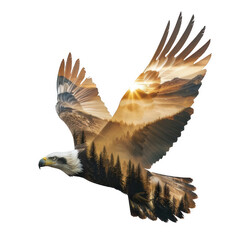 Obraz premium A 2D double exposure illustration of an eagle in flight, its wings and body filled with a tranquil mountain valley at sunrise with golden light shining through.