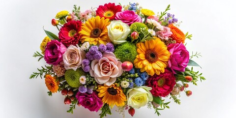 Aerial View Vibrant Flower Bouquet Studio Shot, Isolated White Background