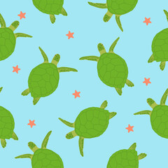 Seamless Pattern With Turtle And Starfish, Blue Background. Vector Illustration