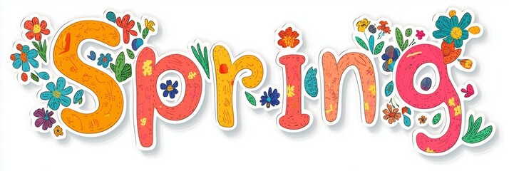 The word Spring made of cutout shapes with an iris flower pattern, white background