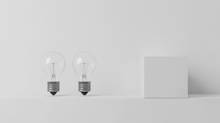 Two Light Bulbs and a Blank Cube on a White Background: Ideas and Innovation