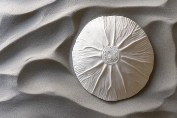 White ceramic flower shaped dish resting on patterned sand