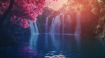 3D render of a sleek futuristic landscape with towering cliffs and calm water, combined with a modern minimal background and sunrise lighting