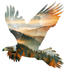Obraz premium A 2D double exposure illustration of an eagle in flight, its wings and body filled with a tranquil mountain valley at sunrise with golden light shining through.
