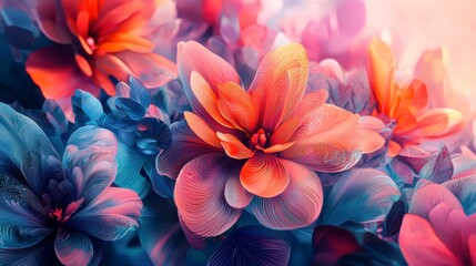 Fototapeta premium Vibrant Abstract Floral Design with Colorful Petals and Soft Background in Blue and Orange Tones