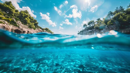 Fototapeta premium Split underwater view with sunny sky and serene sea, half water half sky