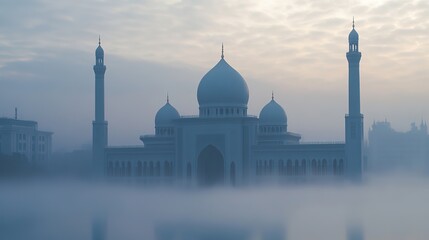 Fototapeta premium Mosque in the Mist. Serene Islamic Background with a Sense of Peace and Tranquility