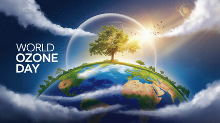 The earth is encased in a protective shell, symbolizing the importance of preserving the ozone layer. The inscription "World Ozone Day.