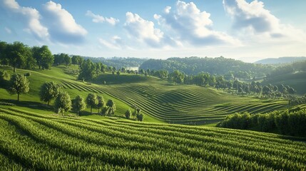 Fototapeta premium 3D render of a sleek futuristic landscape with towering cliffs and calm water, combined with a modern minimal background and sunrise lighting