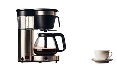 A modern drip coffee maker with a glass carafe on a white  plain background