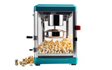 A modern popcorn maker with a transparent popping chamber on a empty plain background