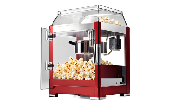 A modern popcorn maker with a transparent popping chamber on a empty plain background