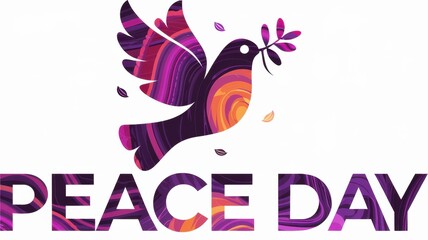 World Peace Day. In the center there is a pigeon in flight, symbolizing peace and freedom. The pigeon's beak holds a simple olive branch, a classic symbol of peace.