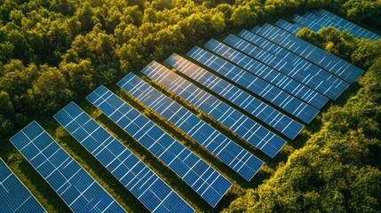 Aerial View of Solar Panels in a Lush Green Forest