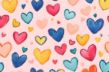 Whimsical and colorful heart pattern with a pastel aesthetic, great for scrapbook designs, textiles, and social media backgrounds