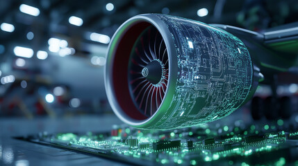 A commercial airlinerâs jet engine with a transparent digital interface, showing airflow simulation and AI-driven safety diagnostics in a high-tech environment.