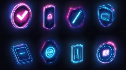 Neon glowing digital interface symbols.