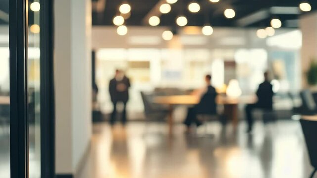 Blurred empty modern office. Defocused abstract light bokeh business open space interior background. Corporate strategy, finance, operations. People blurred silhouettes, blur focus. White Blue toned