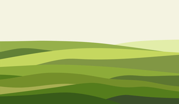 Panoramic landscape of fields, meadows, hills. Spring green layered minimalist abstract background. Graphic illustration of beautiful fresh earth. An element for a banner, poster, or flat design