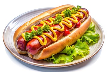 A vibrant watercolor hot dog double exposure, ketchup and mustard, on a plate. AI art.