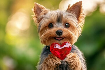 Fototapeta premium Ad domestic animal idea. Yorkshire terrier - my cherished dog, symbol of friendship. Cute yorkshire terrier pup with diamond red heart on a walk in a spring green space. Love and pets.