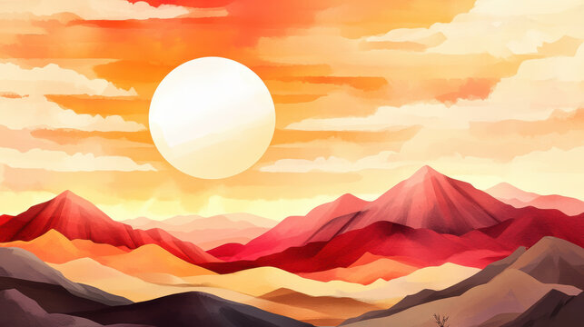Fiery desert sunset with intense reds blending into sky, casting warm glow over rolling mountains and dunes, creating dramatic and serene landscape