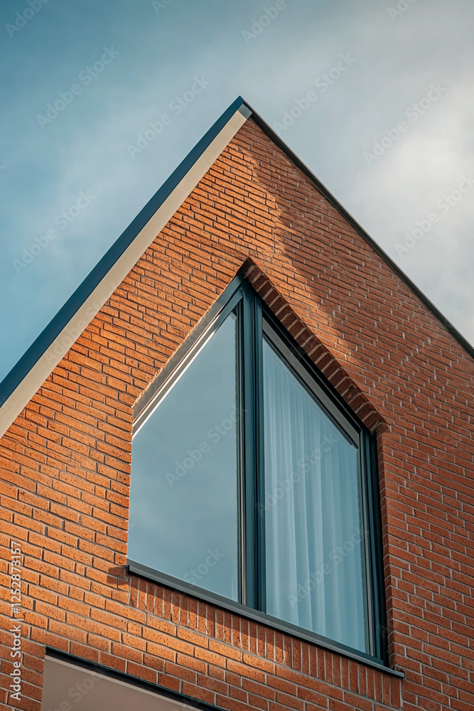 Poster Close-up view of a modern house with a triangular brick wall and large glass window, highlighting contemporary architecture and design against the sky.