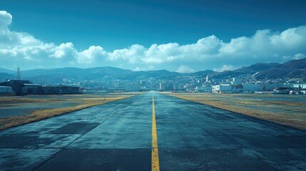 Fototapeta premium Runway leading to city, mountains background, travel