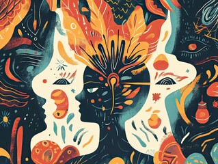 Abstract faces, vibrant colors, organic shapes, decorative elements.