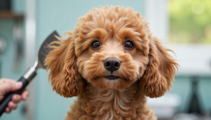 Happy poodle receiving grooming in pet salon, pet care