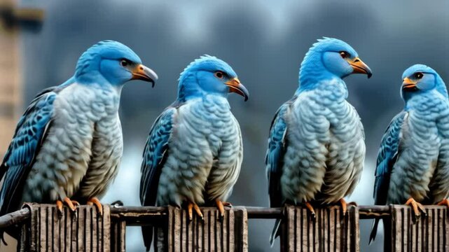 A group of four blue birds sitting on a fence