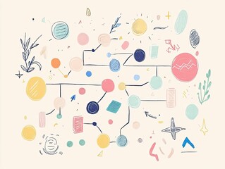 Abstract pastel drawing, interconnected circles, lines, shapes.