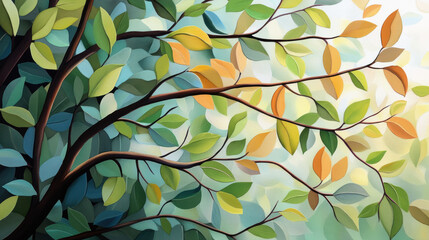 vibrant digital illustration of forest canopy with bold overlapping leaves shades of green, yellow, and orange, creating dynamic and textured composition. branches extend gracefully across image